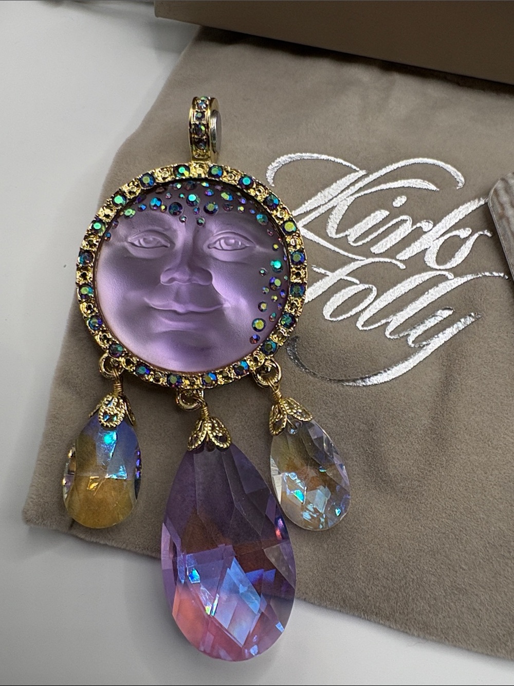 Kirk’s Folly Purple Moon Face maPendant with Aurora Crystal Drops
